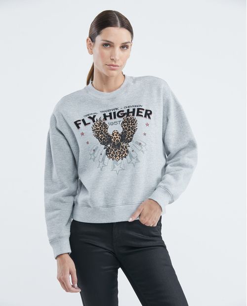 Buzo de Mujer, Tipo Sweater, Cerrado Cuello Redondo - Gráfico Frontal Textil + Flock