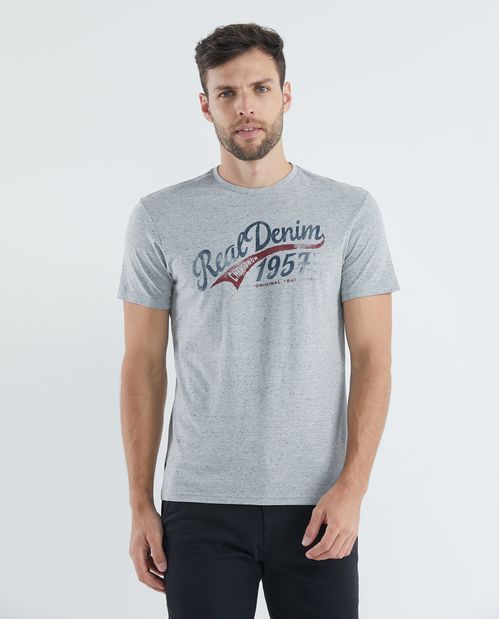 Camiseta Gráfica de Hombre, Slim Fit Cuello Redondo - Jaspe + Estampación Textil