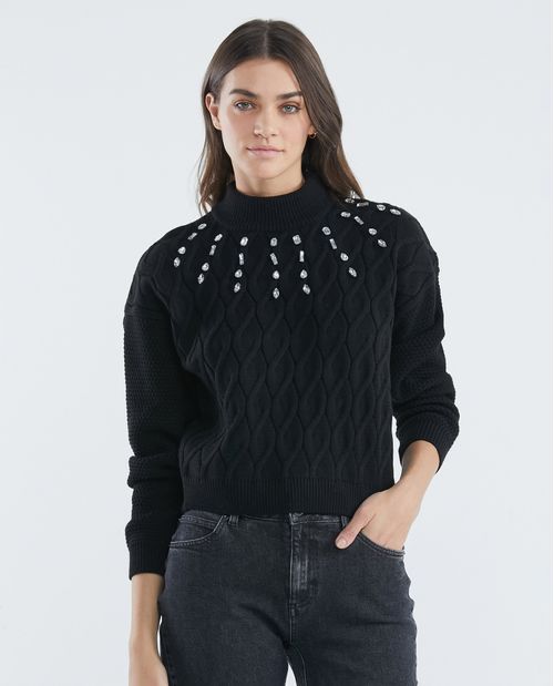 Suéter Tejido de Mujer, Silueta Crop Amplia + Pedrería - Galga Gruesa