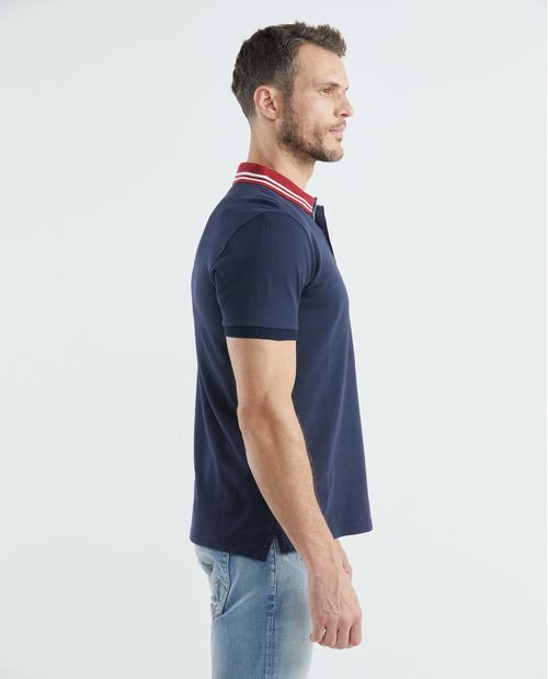 Camiseta de Hombre Tipo Polo, Slim Fit Manga Corta - Cuello en Contraste + Rayas