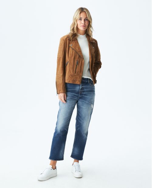 Chaqueta de Mujer en cuero, Silueta Biker - Gamuza