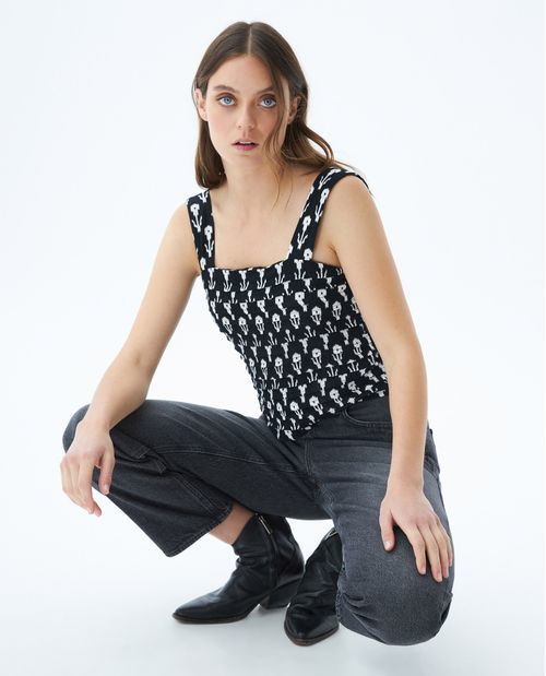Camisa de Mujer, Silueta Ajustada Tirantes Amplios Escote Cuadrado - Mini Print Ikats
