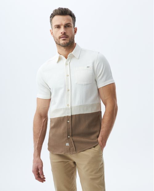 Camisa de Hombre, Slim Fit Manga Corta - Bloques de Color Algodón + Lino
