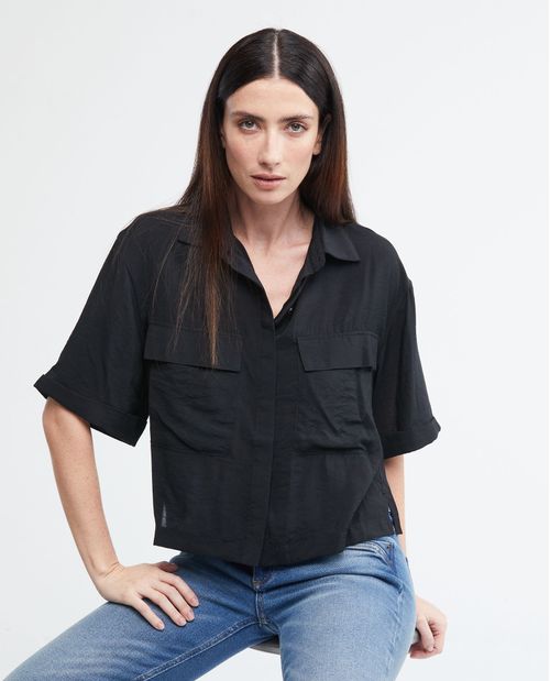 Camisa de Mujer, Silueta Recta Manga Corta Cuello Camisero - Bolsillos Sobredimensionados