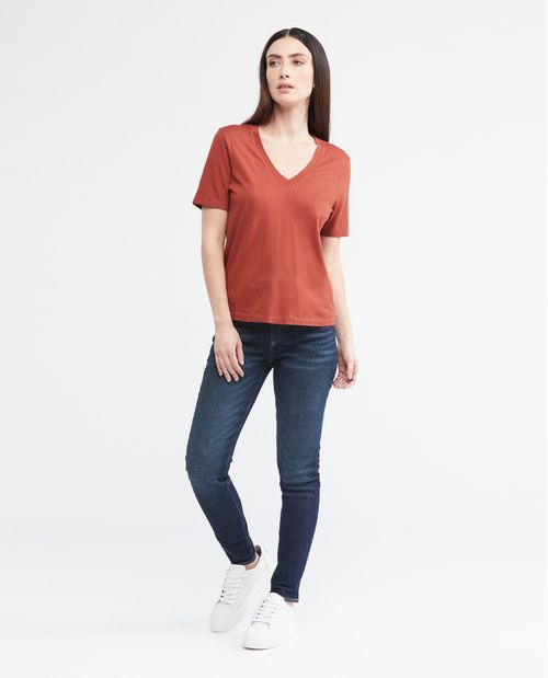 Camiseta Básica de Mujer, Manga Corta Cuello en V - 100% Algodón Pima