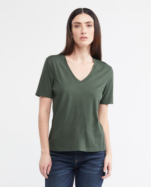 Camiseta Básica de Mujer, Manga Corta Cuello en V - 100% Algodón Pima