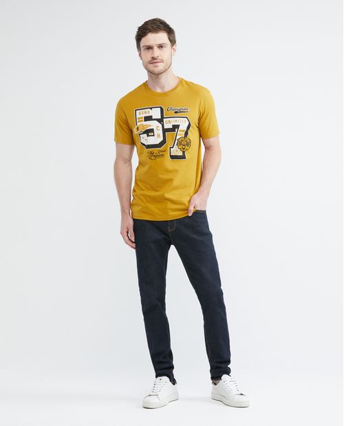 Camiseta Gráfica de Hombre, Slim Fit Cuello Redondo - Estampación Textil + Apliques Bordados