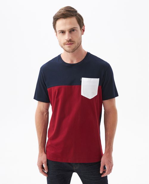 Camiseta de Hombre, Classic Fit Cuello Redondo - Bloques de Color + Bolsillo