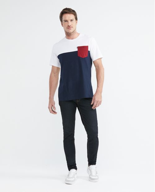 Camiseta de Hombre, Classic Fit Cuello Redondo - Bloques de Color + Bolsillo