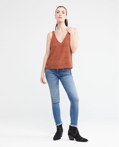 Camiseta de Mujer, Tirantes Delgados Escote Profundo en V - Textura Tipo Malla