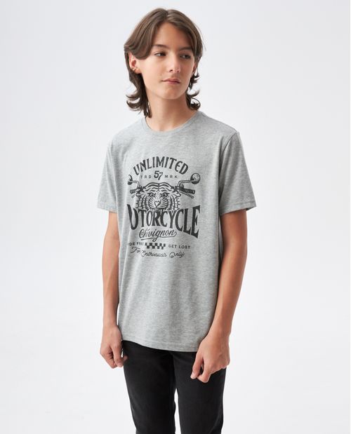 Camiseta Gráfica de Niño, Cuello Redondo - Tela Jaspe Diseño Frontal Estampado
