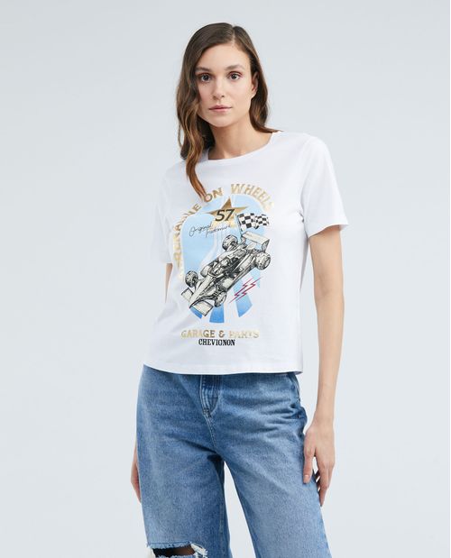 Camiseta Gráfica de Mujer, Manga Corta Cuello Redondo - Chevignon Racing Estampado Textil y Foil
