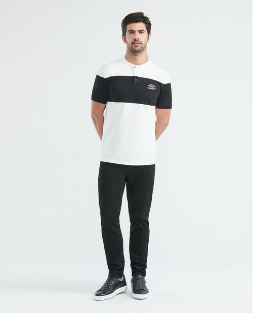 Camiseta de Hombre Tipo Polo, Slim Fit Manga Corta - Cuello Nerú + Bloques en Contraste