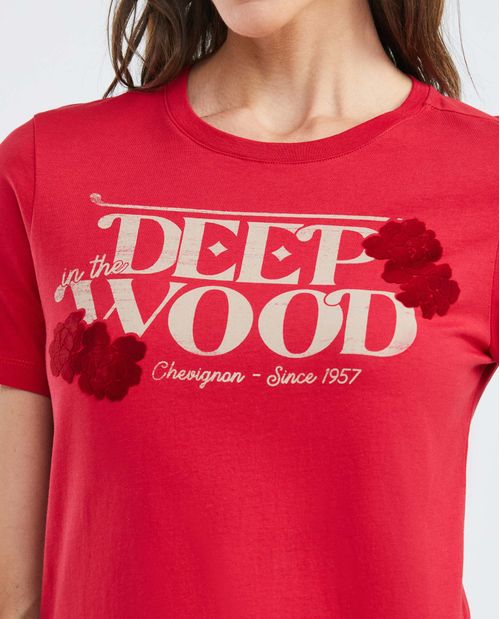 Camiseta Gráfica de Mujer, Manga Corta Cuello Redondo - Diseño Estampado Textil y Flock