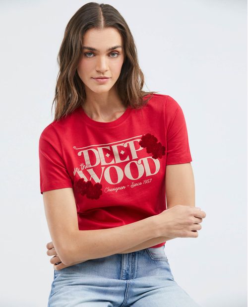 Camiseta Gráfica de Mujer, Manga Corta Cuello Redondo - Diseño Estampado Textil y Flock