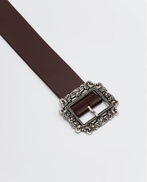 Cinturón de Mujer en Cuero Crupon Plena Flor, Tipo Fajón - Hebilla XL Repujado Decorativo