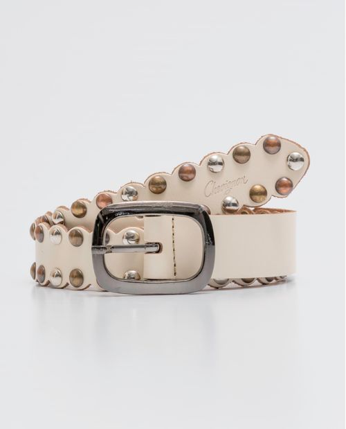 Cinturón de Mujer en Cuero Crosta, Hebilla Doble Paso - Taches Decorativos