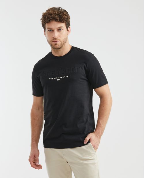 Camiseta Gráfica de Hombre, Slim Fit Cuello Redondo - Diseño Tipográfico Textil + Repujado