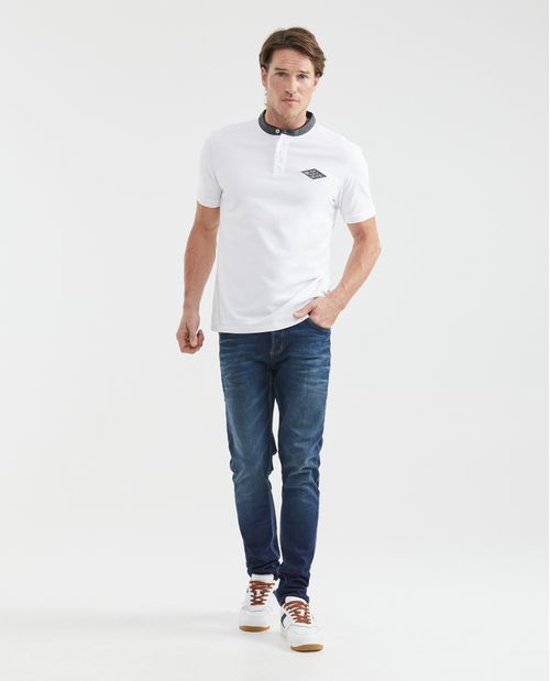 Camiseta de Hombre Tipo Polo, Slim Fit Manga Corta - Cuello Nerú con Denim