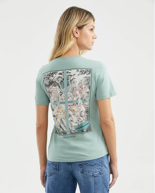 Camiseta Gráfica de Mujer, Manga Corta Cuello Redondo - Gráficos en Frente y Espalda