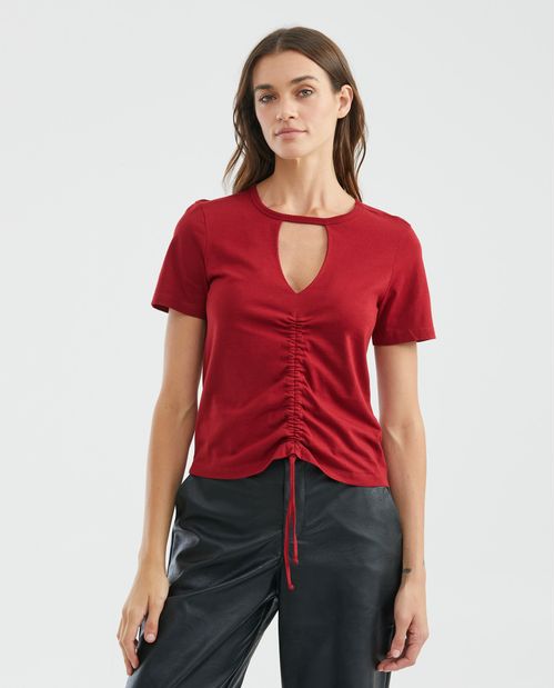 Camiseta de Mujer, Manga Corta Cuello Redondo + Escote Profundo en V - Corte y Recogido Frontal