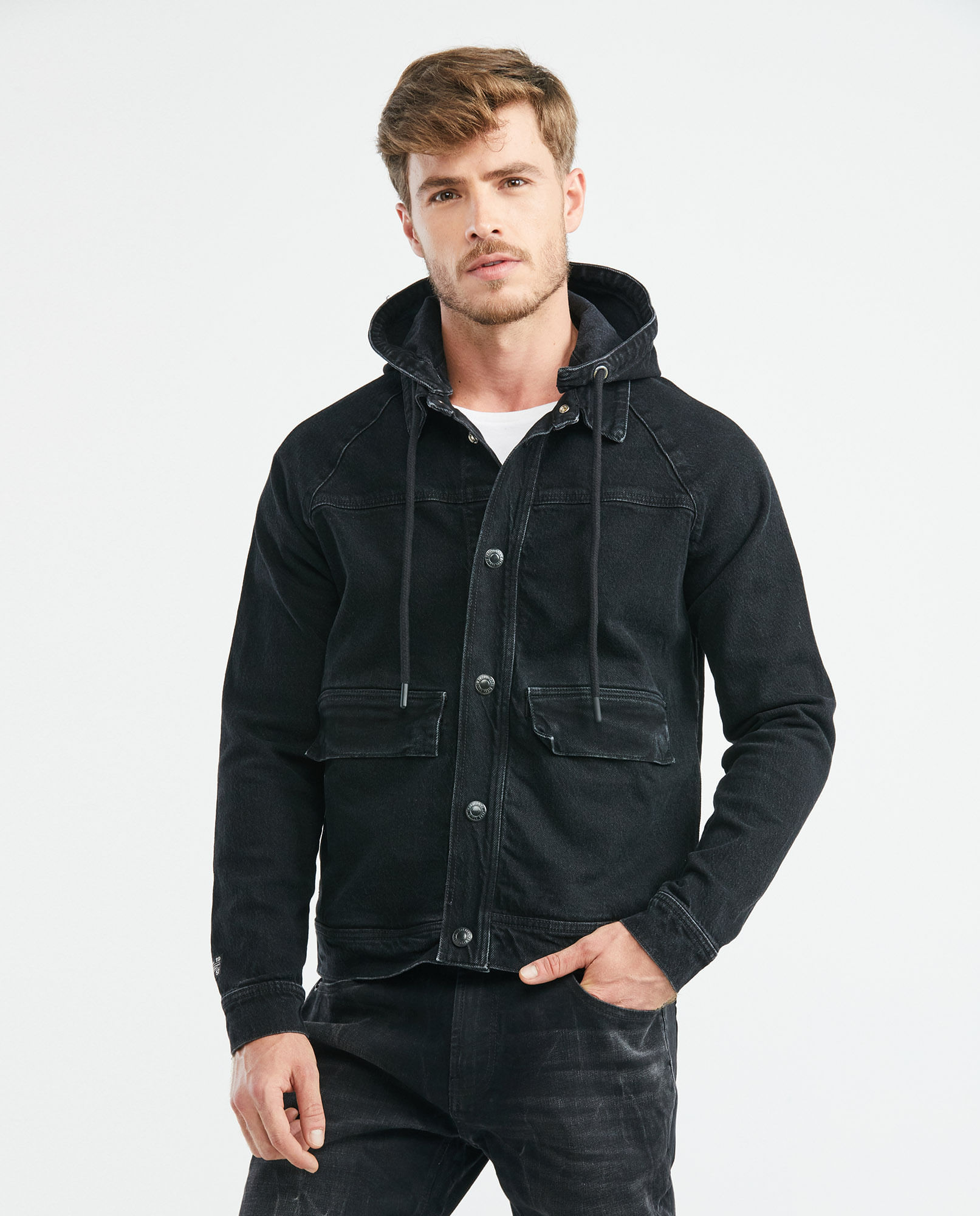 Chaqueta de Hombre en Denim con Capucha Removible Tipo Militar Straight Fit Azul Oscuro Tienda Online