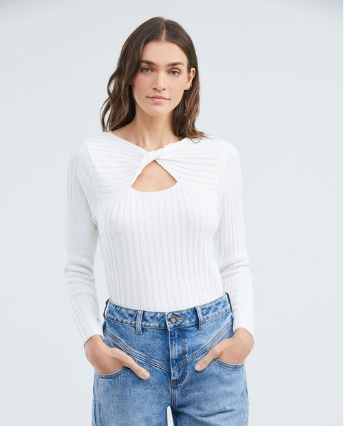 Camiseta Tejida de Mujer, Silueta Ajustada Escote en V Manga Larga - Galga Liviana