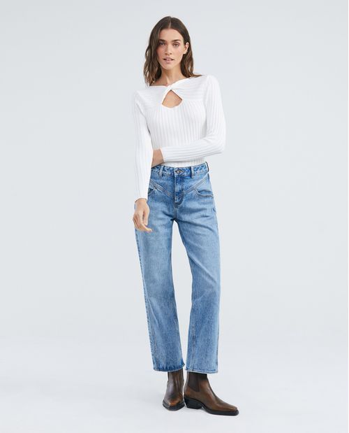 Camiseta Tejida de Mujer, Silueta Ajustada Escote en V Manga Larga - Galga Liviana