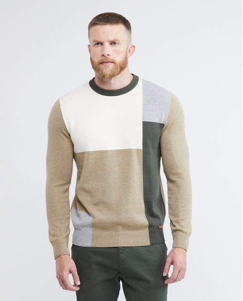 Suéter Tejido para Hombre, Cerrado Cuello Redondo - Bloques de Color Irregulares