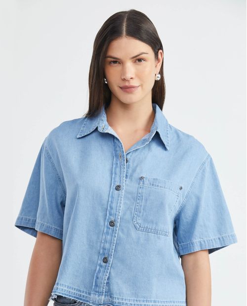 Camisa de Mujer en Denim Liviano, Slim Fit Manga Corta - Azul Claro