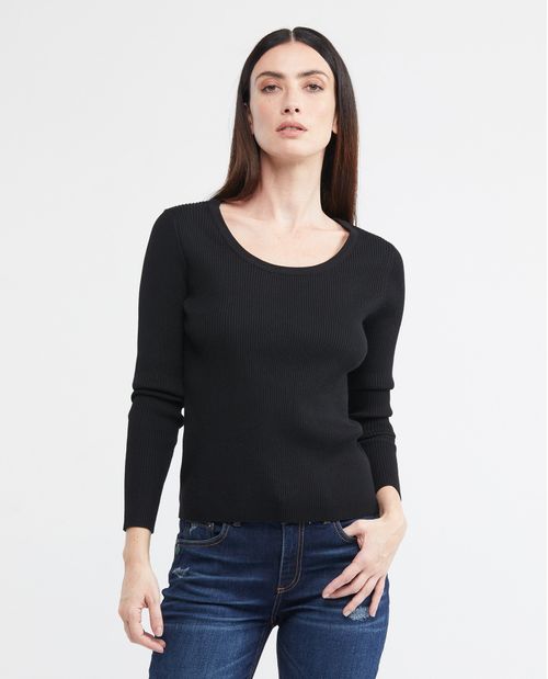 Camiseta Tejida de Mujer, Silueta Ajustada Escote Redondo Manga Larga - Galga Media