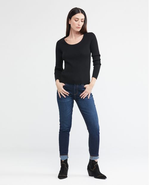 Camiseta Tejida de Mujer, Silueta Ajustada Escote Redondo Manga Larga - Galga Media