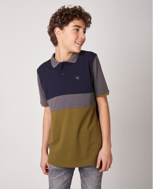 Camiseta de Niño Tipo Polo, Regular Fit Manga Corta - Bloques de Color