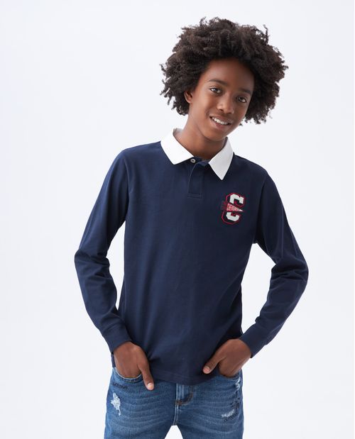 Camiseta de Niño Tipo Polo, Regular Fit Manga Larga - Cuello Tela Complemento y Aplique Bordado