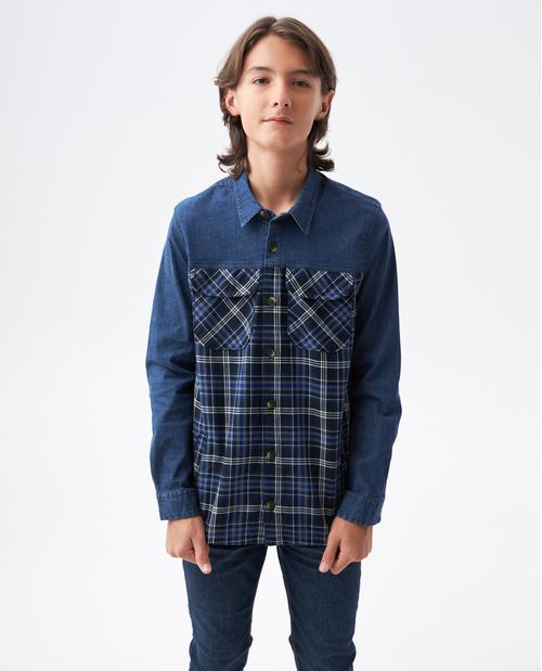Camisa de Niño en Denim, Straight Fit Manga Larga - Diseño Patchwork