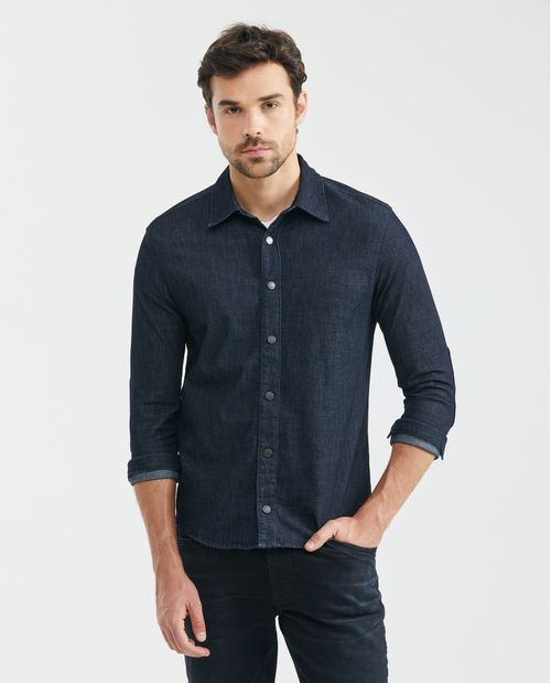 Camisa de Hombre en Denim, Slim Fit Manga Larga - Azul Ultra Oscuro