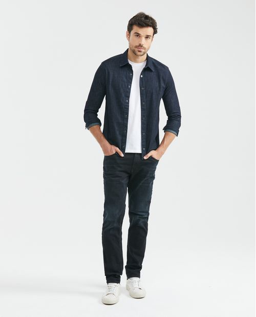 Camisa de Hombre en Denim, Slim Fit Manga Larga - Azul Ultra Oscuro