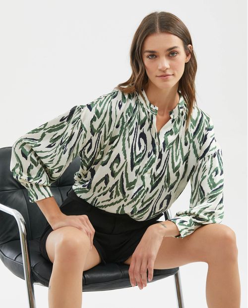 Camisa de Mujer, Silueta Oversized Manga Larga Cuello Nerú - Ikats Duotono