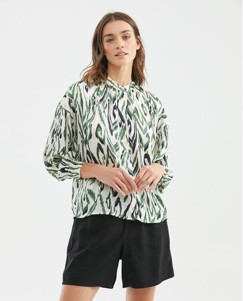 Camisa de Mujer, Silueta Oversized Manga Larga Cuello Nerú - Ikats Duotono