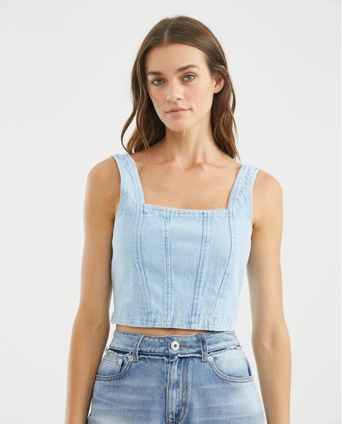 Camisa de Mujer Tipo Corset, Silueta Ajustada Tirantes Amplios Escote Recto - Denim