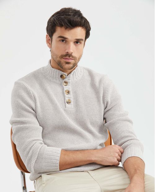 Suéter Tejido para Hombre, Cerrado Cuello Nerú - Media Perilla de Botones