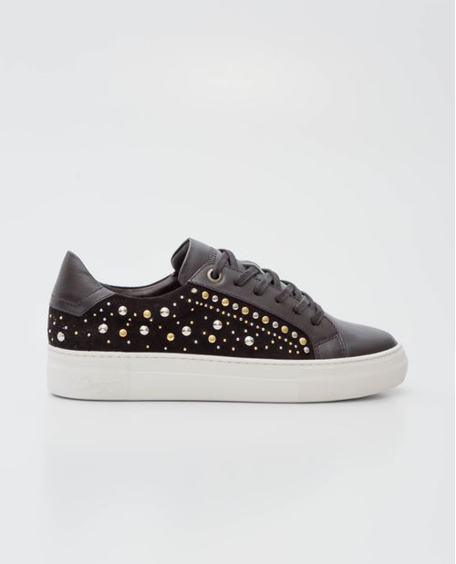 Tenis de Mujer en Cuero, Caña Baja Horma Redondeada - Combinación Cueros + Taches