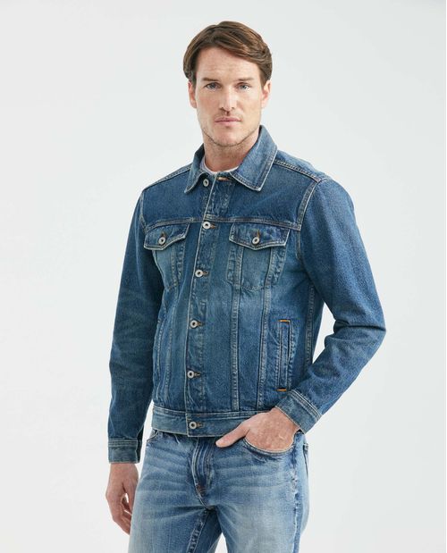 Chaqueta de Hombre en Denim, Tipo Trucker Straight Fit - Azul Medio Aplique en Espalda