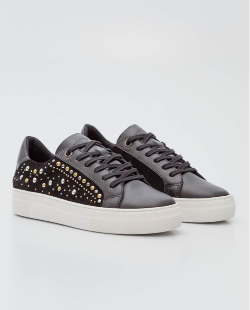 Tenis de Mujer en Cuero, Caña Baja Horma Redondeada - Combinación Cueros + Taches