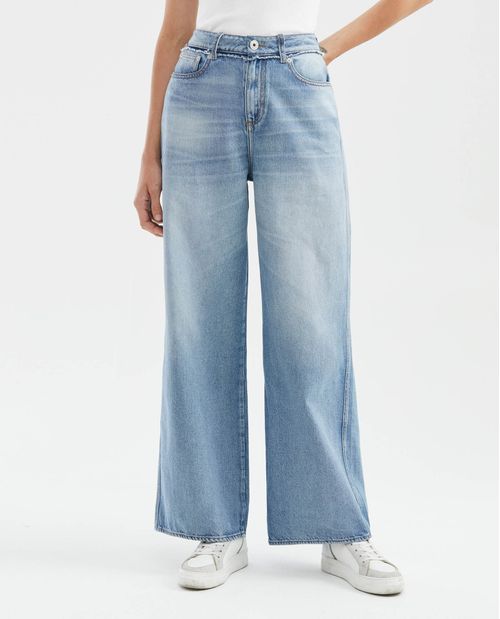 Jean de Mujer Wide Leg, Bota Relaxed - Azul Medio Vintage + Rotos