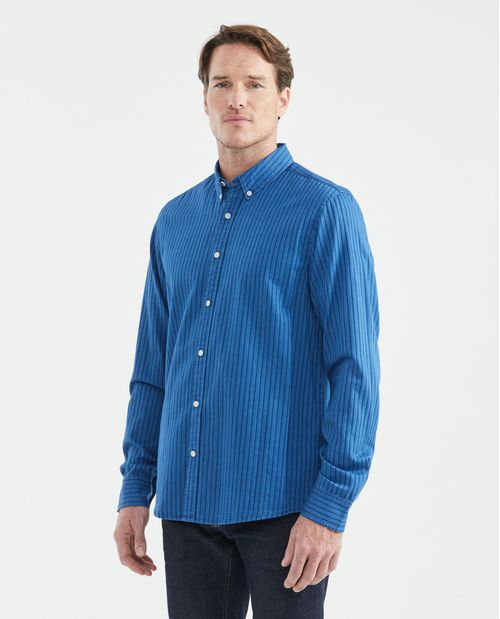 Camisa de Hombre, Classic Fit Manga Larga - Denim Rayas