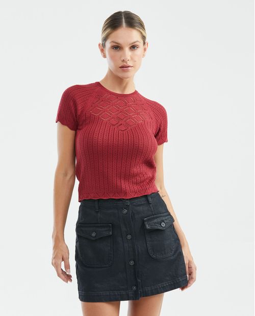 Camiseta Tejida de Mujer, Silueta Ajustada Cuello Redondo Manga Ranglan - Galga Súper Liviana