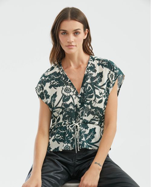 Camisa de Mujer, Silueta Amplia Manga Sisa Escote en V - Textura Recogida