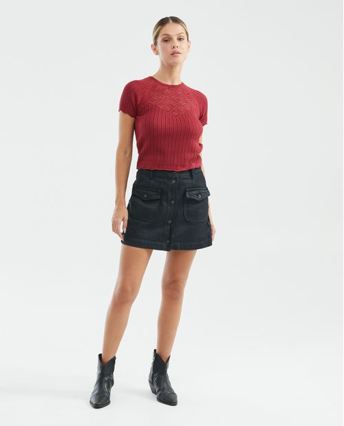 Camiseta Tejida de Mujer, Silueta Ajustada Cuello Redondo Manga Ranglan - Galga Súper Liviana