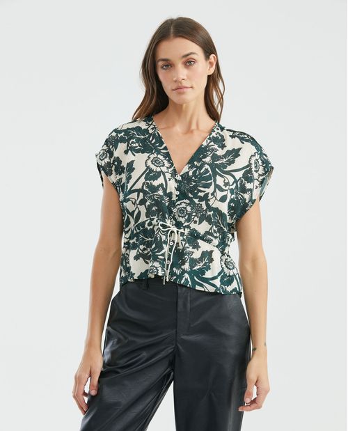 Camisa de Mujer, Silueta Amplia Manga Sisa Escote en V - Textura Recogida